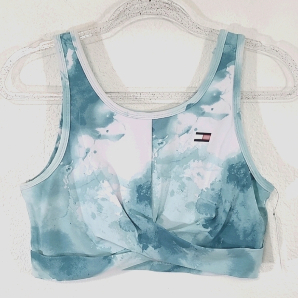 *NWT* TOMMY HILFIGER Green-Turquoise/White Watercolor Print Sports Bra, size L